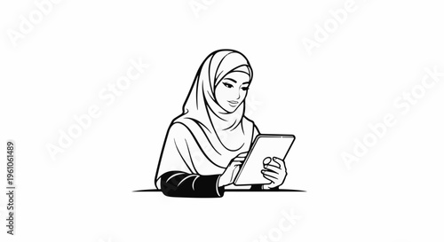 Person wearing hijab looking at digital tablet, black and white outline