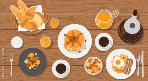 Overhead view of a wooden table laden with a variety of breakfast foods