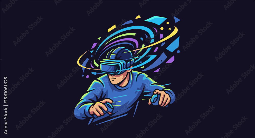 Fototapeta premium Person with VR headset immersed in a digital, colorful, abstract world