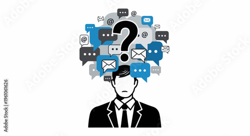 Overwhelmed businessman with a question mark and communication bubbles above his head