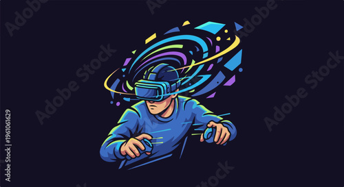 Person with VR headset immersed in a digital, colorful, abstract world