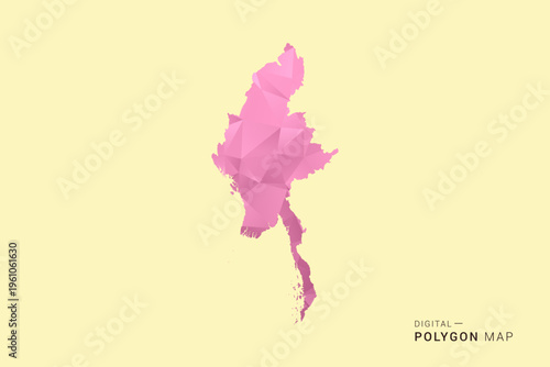 Myanmar Map - Low poly polygon map design in soft pink pastel gradient on beige background, modern minimal geometric style, clean digital vector illustration.
