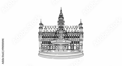 Ornate fountain in front of a grand, historic building with towers