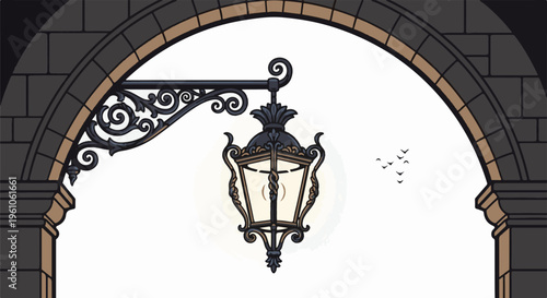 Ornate gas lamp hangs from an arched stone structure with birds flying