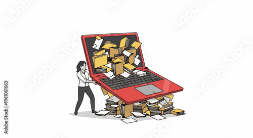 Overwhelmed by data, a woman struggles with a giant laptop overflowing with files