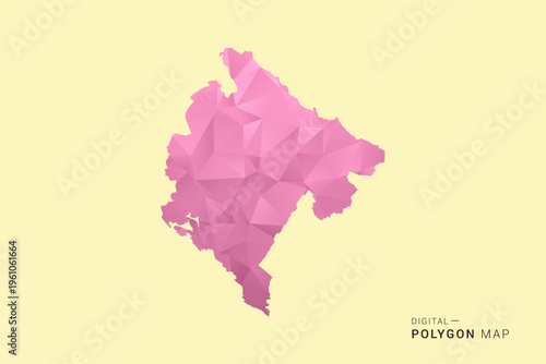 Montenegro Map - Low poly polygon map design in soft pink pastel gradient on beige background, modern minimal geometric style, clean digital vector illustration.