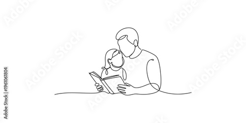 Man and child sitting and reading a book together with love family father son daughter