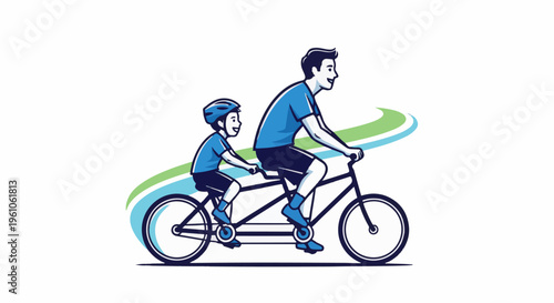 Parent and child ride tandem bicycle with colorful swooshes