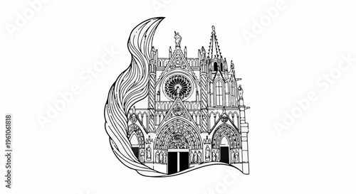 Ornate gothic cathedral facade with stylized flame design