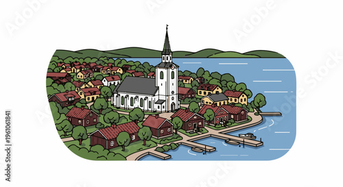 Picturesque village with church on lakeside, surrounded by trees