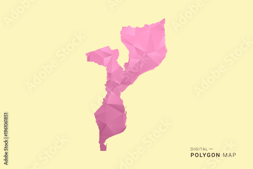 Mozambique Map - Low poly polygon map design in soft pink pastel gradient on beige background, modern minimal geometric style, clean digital vector illustration.