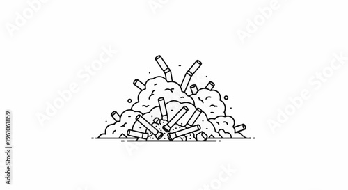 Pile of cigarette butts and smoke clouds, drawn in outline style