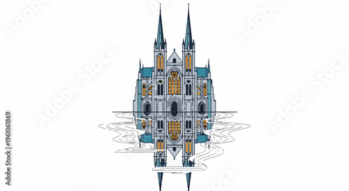 Ornate gothic cathedral with twin spires, radiating a serene, ethereal ambiance