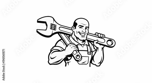 Muscular worker smiles holding a large adjustable wrench across his shoulders