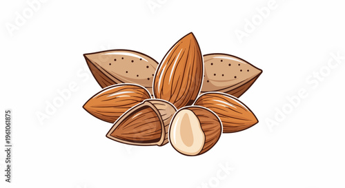 Pile of brown almonds, one split revealing kernel