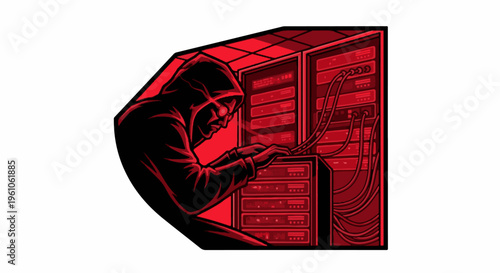Mysterious hooded figure in red and black types on computer servers