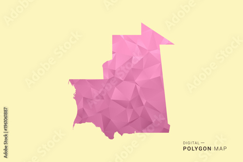 Mauritania Map - Low poly polygon map design in soft pink pastel gradient on beige background, modern minimal geometric style, clean digital vector illustration.