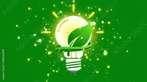 A glowing lightbulb with a green leaf entwined, set against a vibrant green background with bright sparks