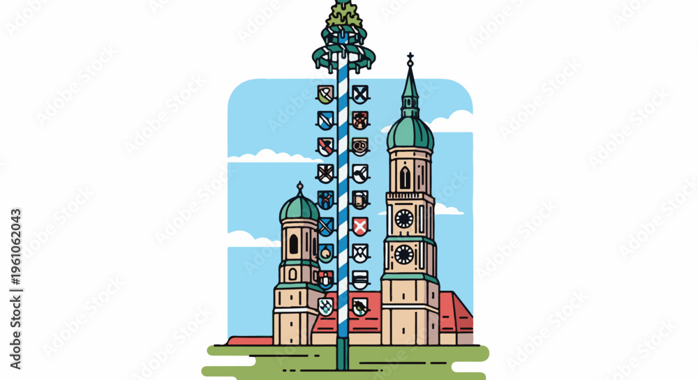 Fototapeta premium Ornate maypole in front of twin-spired buildings under a cloudy sky