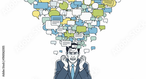Overwhelmed man with chaotic thought bubbles above his head