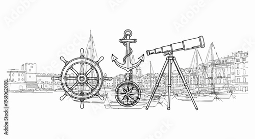 Nautical adventure montage ship wheel, anchor, telescope, compass, harbor