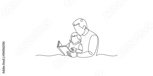 Continuous line drawing of a man reading to a child book father parent kid toddler