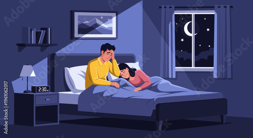 Man and Woman Suffering from Insomnia and Sleep Disorder in Bedroom at Night, Stressed Couple Feeling Exhausted at Late Night, Mental Health Vector Illustration