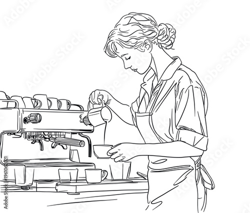 Minimalist line art illustration of a barista pouring milk into coffee using an espresso machine. Perfect for cafe, coffee preparation, latte, barista training and beverage concepts