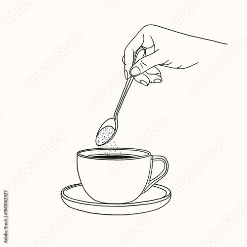 Minimal line art vector illustration of a hand adding sugar into a cup of coffee. Simple black and white drawing with clean lines, showing sugar granules falling into hot drink
