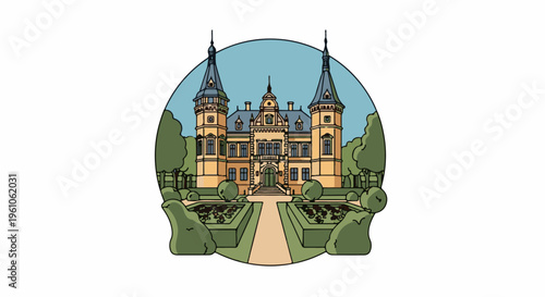 Ornate mansion with formal gardens and flanking trees under a blue sky