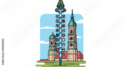 Ornate maypole in front of twin-spired buildings under a cloudy sky