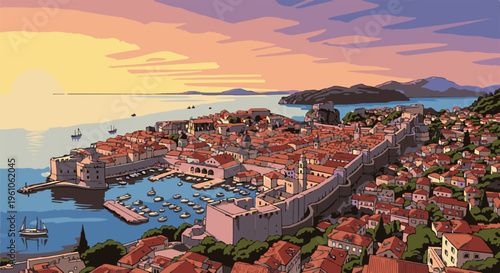 Pixelated coastal city with red-tiled roofs and fortified walls at sunset