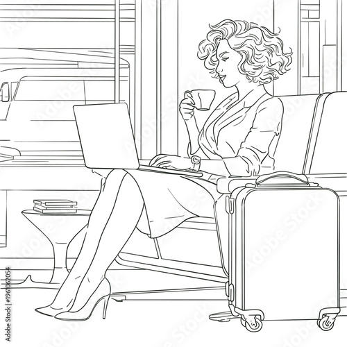 Business woman working on laptop at airport with luggage minimalist line art illustration