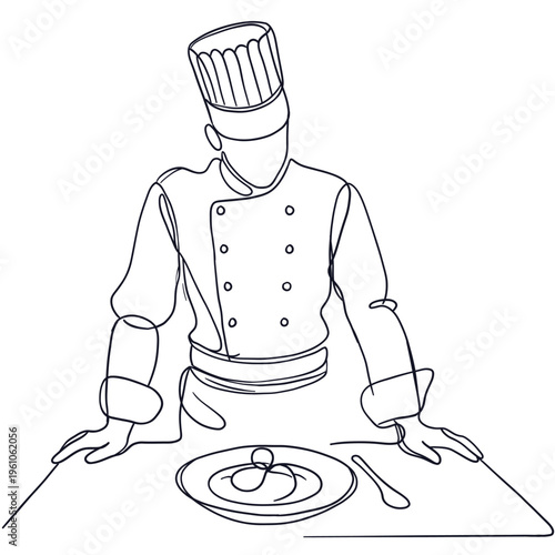 Minimalist line art illustration of a professional chef presenting a gourmet dish in a restaurant. Perfect for food, restaurant, culinary, fine dining and gastronomy concepts