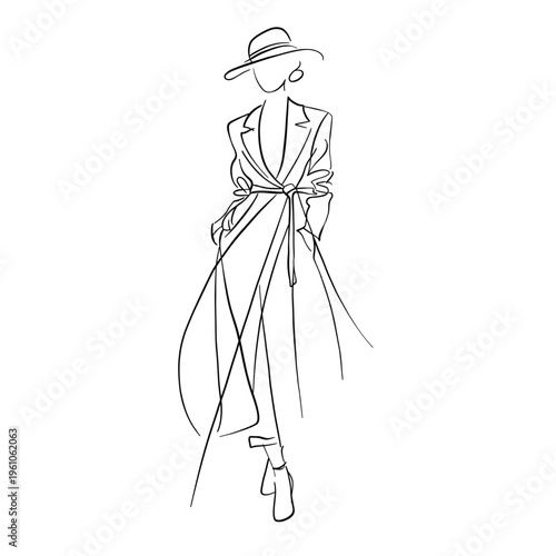 Elegant minimalist line art illustration of a fashionable woman wearing a trench coat and hat, perfect for fashion, branding, posters and modern design
