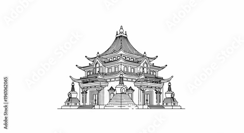 Ornate multi-tiered East Asian pagoda structure with stupas