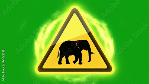 Yellow warning triangle with black elephant silhouette surrounded by glowing green smoke