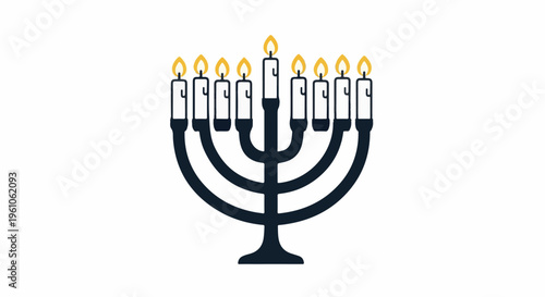 Nine lit candles on a traditional dark blue menorah