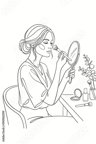 Minimalist one line style illustration of a woman applying makeup with a brush while looking in a mirror. Beauty and skincare concept with cosmetic products on table