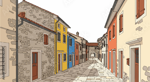 Old European street with colorful buildings and cobblestone path leading to archway