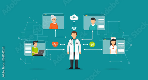 Telemedicine and Online Healthcare Illustration with Doctor Connecting to Patients via Video Call for Remote Medical Consultation and Digital Health Services