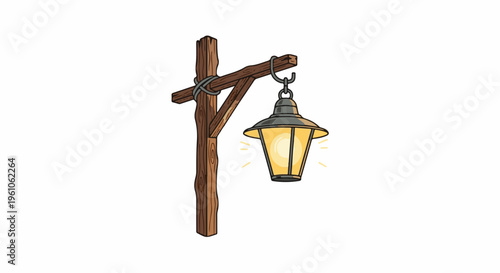 Old-fashioned lamp post with a glowing lantern on a white background