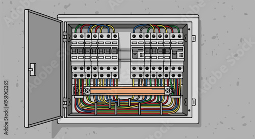 Open electrical panel with rows of circuit breakers and colorful wires