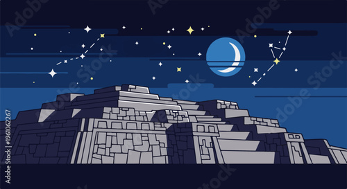 Pixel art of ancient stone steps under a starry night sky and crescent moon
