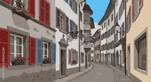 Old European street with buildings, shutters, and flowers