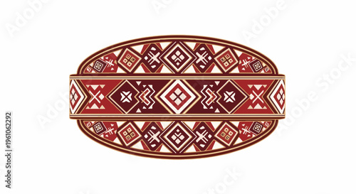 Ornate oval emblem with geometric red, maroon, and cream patterns
