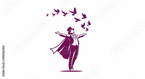 Magician in formal attire releases a flock of birds upwards