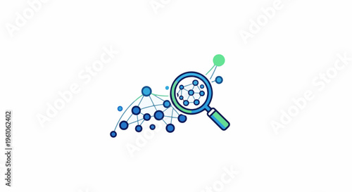 Magnifying glass examining a complex network of interconnected dots and lines