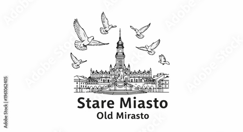 Pen-and-ink sketch of old city buildings and a monument with flying doves above