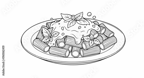 Plate of rigatoni pasta with sauce and basil leaves, outlined